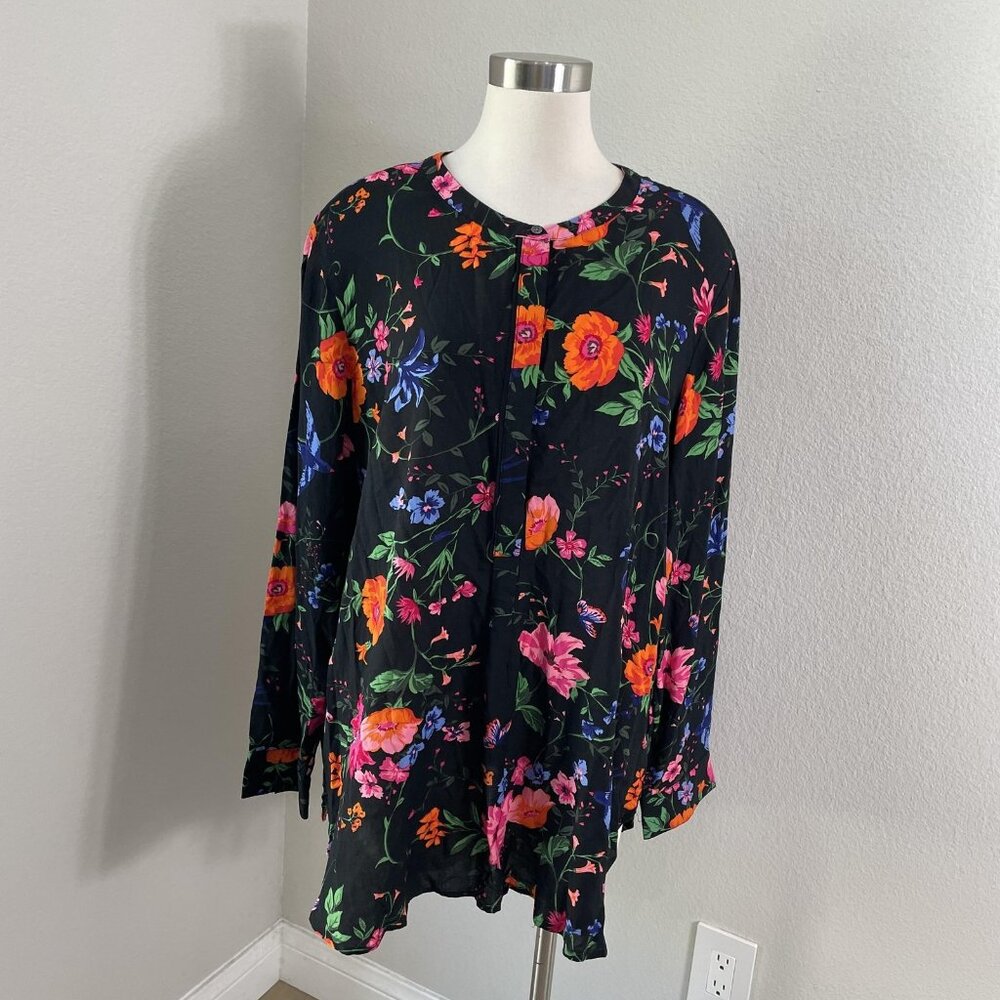 Old Navy Tunic Shirt Womens 2XL Black‎ Floral Long Sleeve Rayon Boho Lightweight